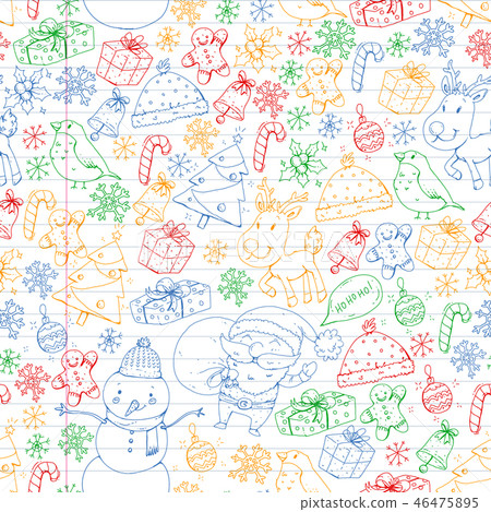 Winter Christmas seamless vector pattern. Icons of Santa, snowman, deer, bell, Christmas tree. 46475895