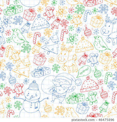 Winter Christmas seamless vector pattern. Icons of Santa, snowman, deer, bell, Christmas tree. Winter Christmas seamless vector pattern. Icons of Santa, snowman, deer, bell, Christmas tree. 46475896