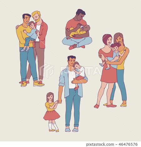 Gay family vector illustration set with happy men and women with their kids. Gay family vector illustration set with happy men and women with their kids. 46476576