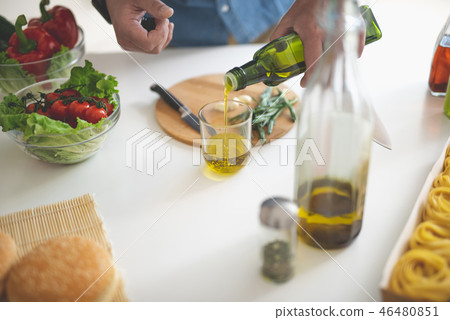 Chef preparing ingredients for delicious vegetable salad Chef preparing ingredients for delicious vegetable salad 46480851
