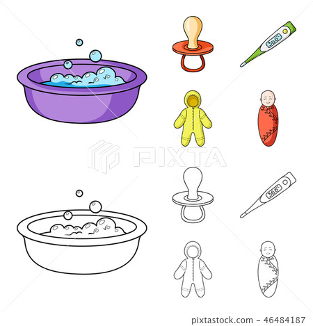 Pacifier, electronic thermometer, children overalls, diaper.Baby born set collection icons in 46484187