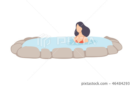 Young brunette woman enjoying outdoor thermal spring, girl relaxing in hot water in bath tub vector 46484293
