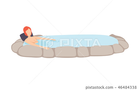 Young man enjoying outdoor thermal spring, guy relaxing in hot water in bath tub vector Illustration 46484338