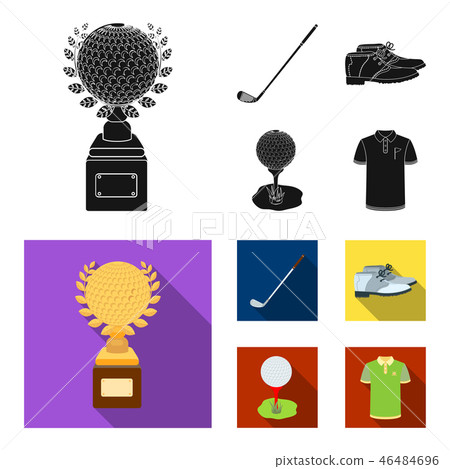 Cup, golf club, ball on the stand, golfer shoes.Golf club set collection icons in black, flat style Cup, golf club, ball on the stand, golfer shoes.Golf club set collection icons in black, flat style 46484696