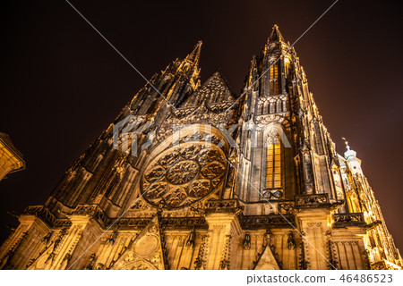 Front view of St. Vitus cathedral in Prague Castle by night, Prague, Czech Republic Front view of St. Vitus cathedral in Prague Castle by night, Prague, Czech Republic 46486523