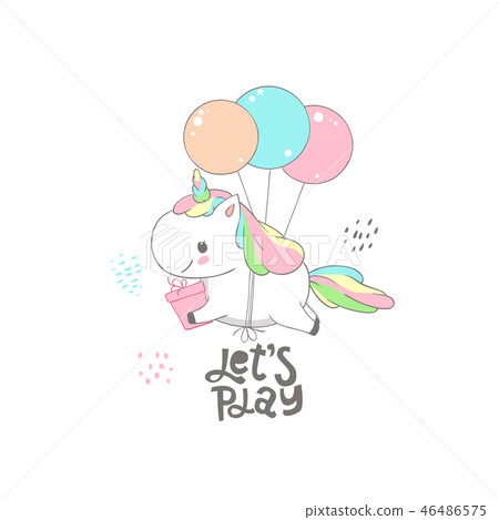 Cute Baby Unicorn Fly on Balloon Dream Card Design. Magic Fantasy Pony Character Holding Gift Box 46486575