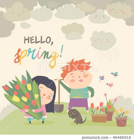 Cute cartoon boy and girl with spring flowers Cute cartoon boy and girl with spring flowers 46486918
