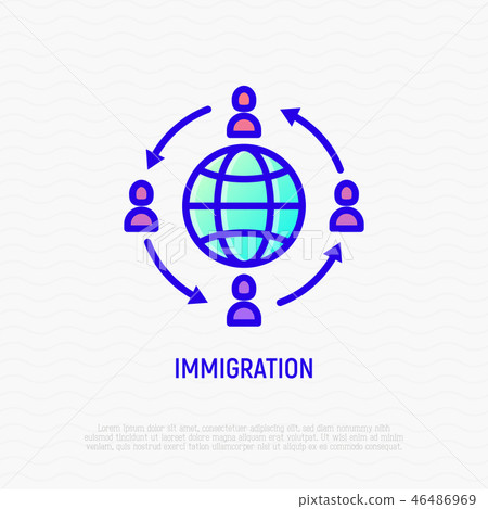 Immigration line icon: people moving around globe Immigration line icon: people moving around globe 46486969