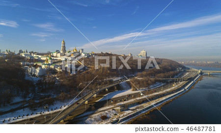 Aerial view of Lavra monastery in Kiev, Ukraine from drone , sunset view , cloudy sky , beautiful 46487781