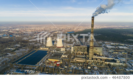 Garbage incineration plant. Waste incinerator plant with smoking smokestack. The problem of Garbage incineration plant. Waste incinerator plant with smoking smokestack. The problem of 46487800