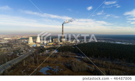 Garbage incineration plant. Waste incinerator plant with smoking smokestack. The problem of 46487806