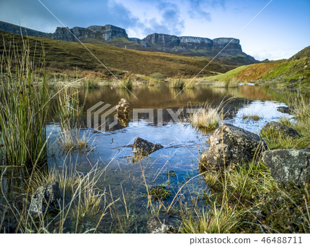 Picnic area at the road to Flodigarry next to Lochan nan Dunan with the Quiraing in the background Picnic area at the road to Flodigarry next to Lochan nan Dunan with the Quiraing in the background 46488711