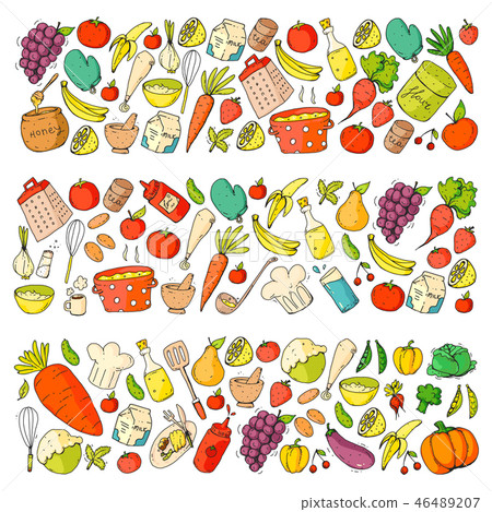 Kitchen and cooking seamless pattern. Icons of food and drinks. Colorful images for wrapping paper 46489207