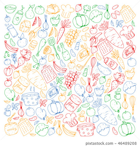 Kitchen and cooking seamless pattern. Icons of food and drinks. Colorful images 46489208
