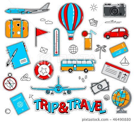 Set of travel cartoon stickers in retro style Set of travel cartoon stickers in retro style 46490880