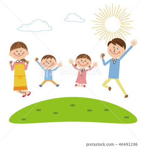 Pop family jumping with everyone fine weather background Pop family jumping with everyone fine weather background 46491286
