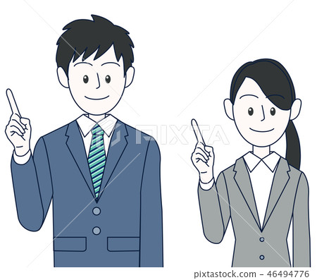 Young male and female business man upper body pointing to point with finger Young male and female business man upper body pointing to point with finger 46494776