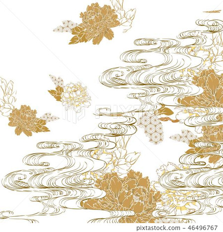 Peony flower and hand drawn wave elements Peony flower and hand drawn wave elements 46496767