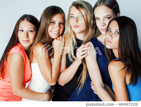many girlfriends hugging celebration on white background, smilin 46497226
