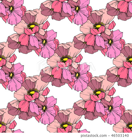 Vector Pink rosa canina flower. Engraved ink art. Seamless background pattern. Fabric wallpaper 46503140