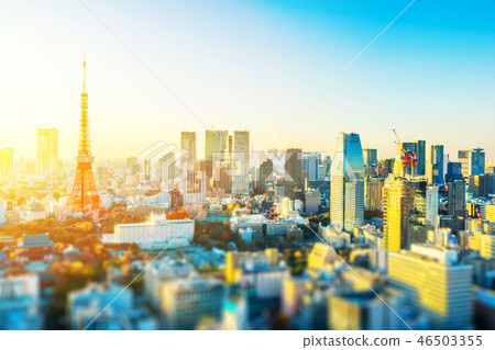 tokyo skyline aerial view with tilt shift effect 46503355
