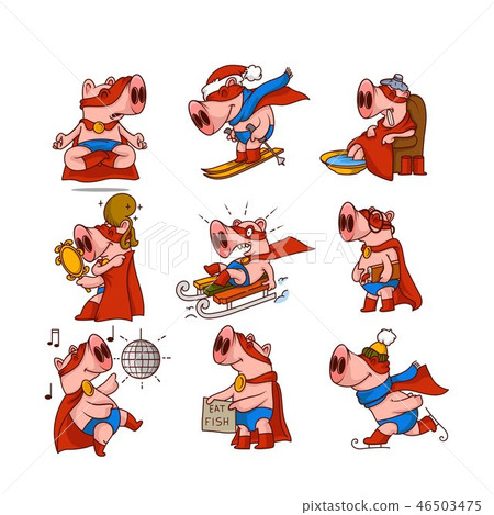 Vector set of pig dressed in superhero costume in different actions. Humanized animal. Funny cartoon 46503475