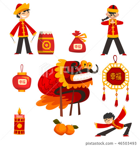 Collection of Chinese New Year decoration elements, boy in traditional costume, candle, dragon Collection of Chinese New Year decoration elements, boy in traditional costume, candle, dragon 46503493