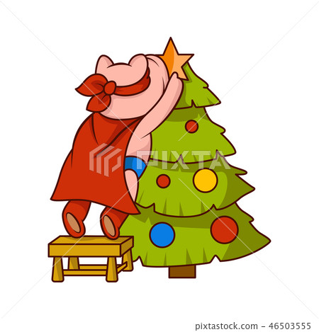 Pig dressed as superhero, standing on chair and decorating Christmas tree. Humanized animal. Cartoon 46503555