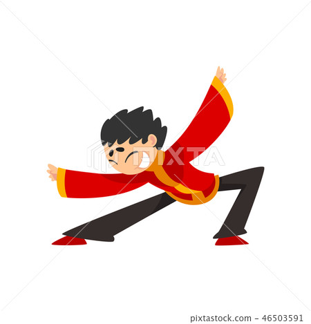 Boy in red traditional Chinese costume showing martial arts or dance vector Illustration on a white 46503591