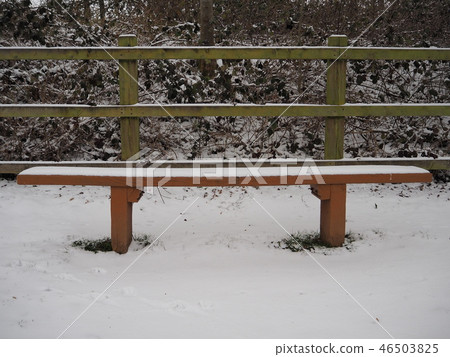 Empty wooden bench seat perfectly covered with white snow 46503825