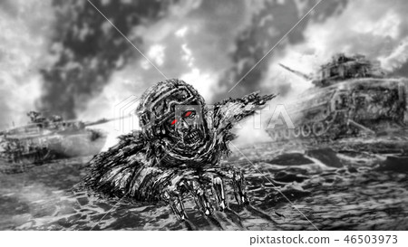 Half zombie soldier crawls on battlefield. 46503973