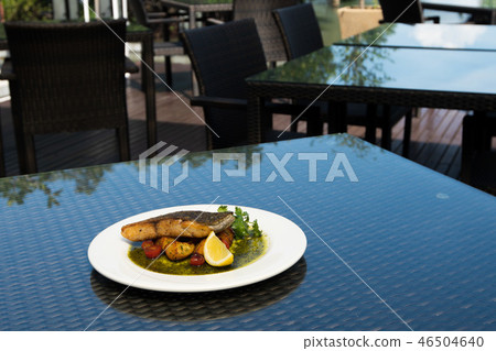 Deep Fried Salmon Seabass fish cut meat with chip Deep Fried Salmon Seabass fish cut meat with chip 46504640