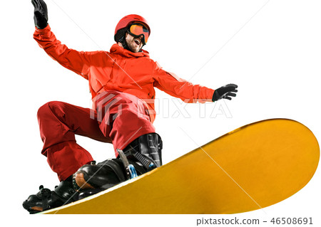 Portrait of young man in sportswear with snowboard isolated on a white background. Portrait of young man in sportswear with snowboard isolated on a white background. 46508691