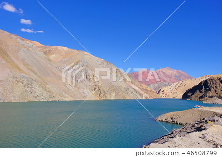 Old german campervan at the Laguna Agua Negra lake to the Paso Agua De Negra, Elqui valley near Old german campervan at the Laguna Agua Negra lake to the Paso Agua De Negra, Elqui valley near 46508799