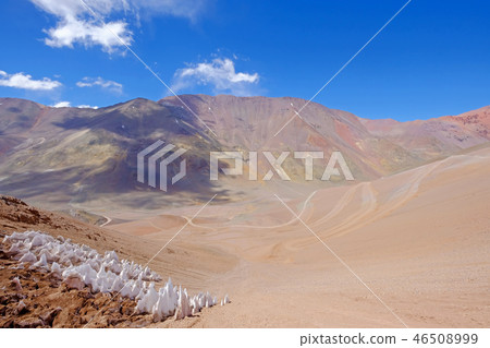 Ice or snow penitentes and andean landscape at Paso De Agua Negra mountain pass, Chile and Argentina 46508999
