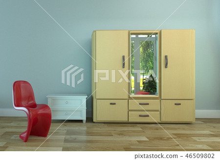 wooden floor and light blue wall. 3D rednering wooden floor and light blue wall. 3D rednering 46509802