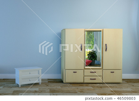 wardrobe wooden floor light blue wall.3D rendering 46509803
