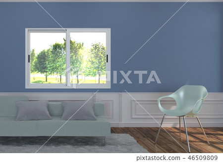 Living Room Interior with light blue sofa and two Living Room Interior with light blue sofa and two 46509809