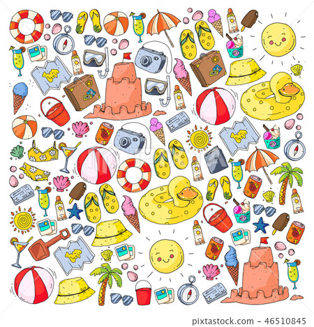 Beach and travel. Vector icons with summer vacation elements. Beach and travel. Vector icons with summer vacation elements. 46510845