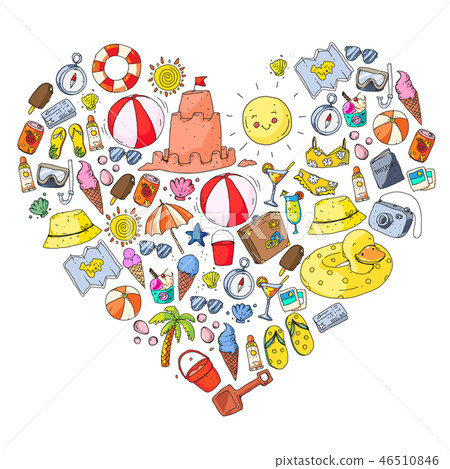 Beach and travel. Vector icons with summer vacation elements. Beach and travel. Vector icons with summer vacation elements. 46510846