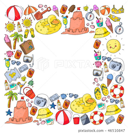 Beach and travel. Vector icons with summer vacation elements. Beach and travel. Vector icons with summer vacation elements. 46510847