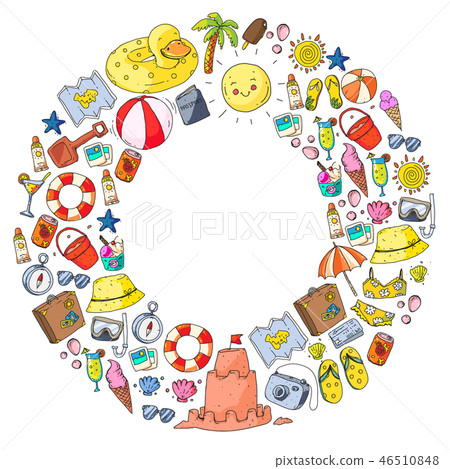 Beach and travel. Vector icons with summer vacation elements. Beach and travel. Vector icons with summer vacation elements. 46510848