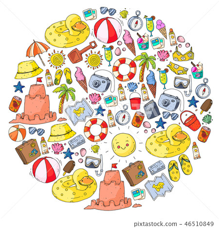Beach and travel. Vector icons with summer vacation elements. Beach and travel. Vector icons with summer vacation elements. 46510849