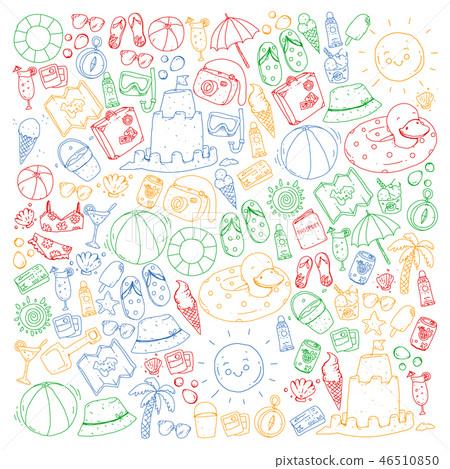 Beach and travel. Vector icons with summer vacation elements. Beach and travel. Vector icons with summer vacation elements. 46510850