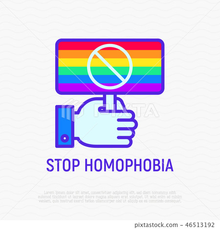 Stop homophobia line icon: rainbow flag in hand Stop homophobia line icon: rainbow flag in hand 46513192