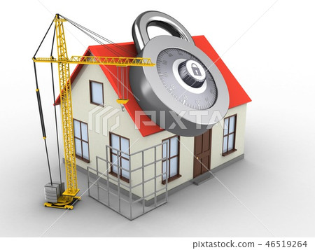 3d illustration of house with crane and code lock 3d illustration of house with crane and code lock 46519264