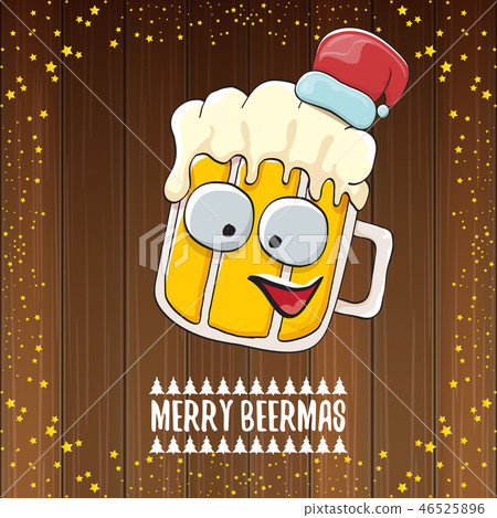 Merry beermas vector christmas greeting card with beer glass cartoon character and red santa hat 46525896
