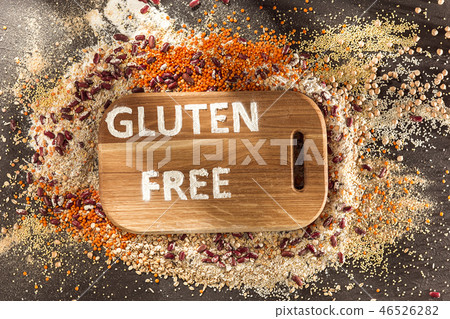 Gluten free flour and cereals millet, quinoa, corn bread, brown buckwheat, rice with text gluten Gluten free flour and cereals millet, quinoa, corn bread, brown buckwheat, rice with text gluten 46526282
