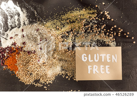 Gluten free flour and cereals millet, quinoa, corn bread, brown buckwheat, rice with text gluten Gluten free flour and cereals millet, quinoa, corn bread, brown buckwheat, rice with text gluten 46526289