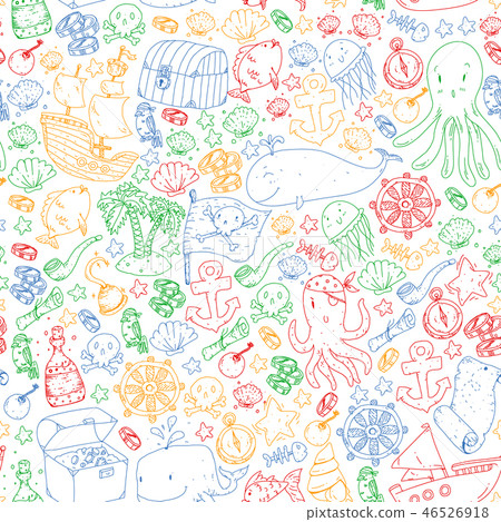 Vector pirate pattern for small boys and girls. Kindergarten, birthday party. Wallpaper for children Vector pirate pattern for small boys and girls. Kindergarten, birthday party. Wallpaper for children 46526918